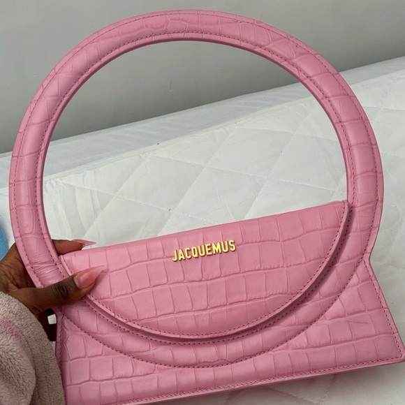 Jacquemus Handbags - Jacquemus Pink Croc-Embossed Round Handle Bag with Gold Logo
